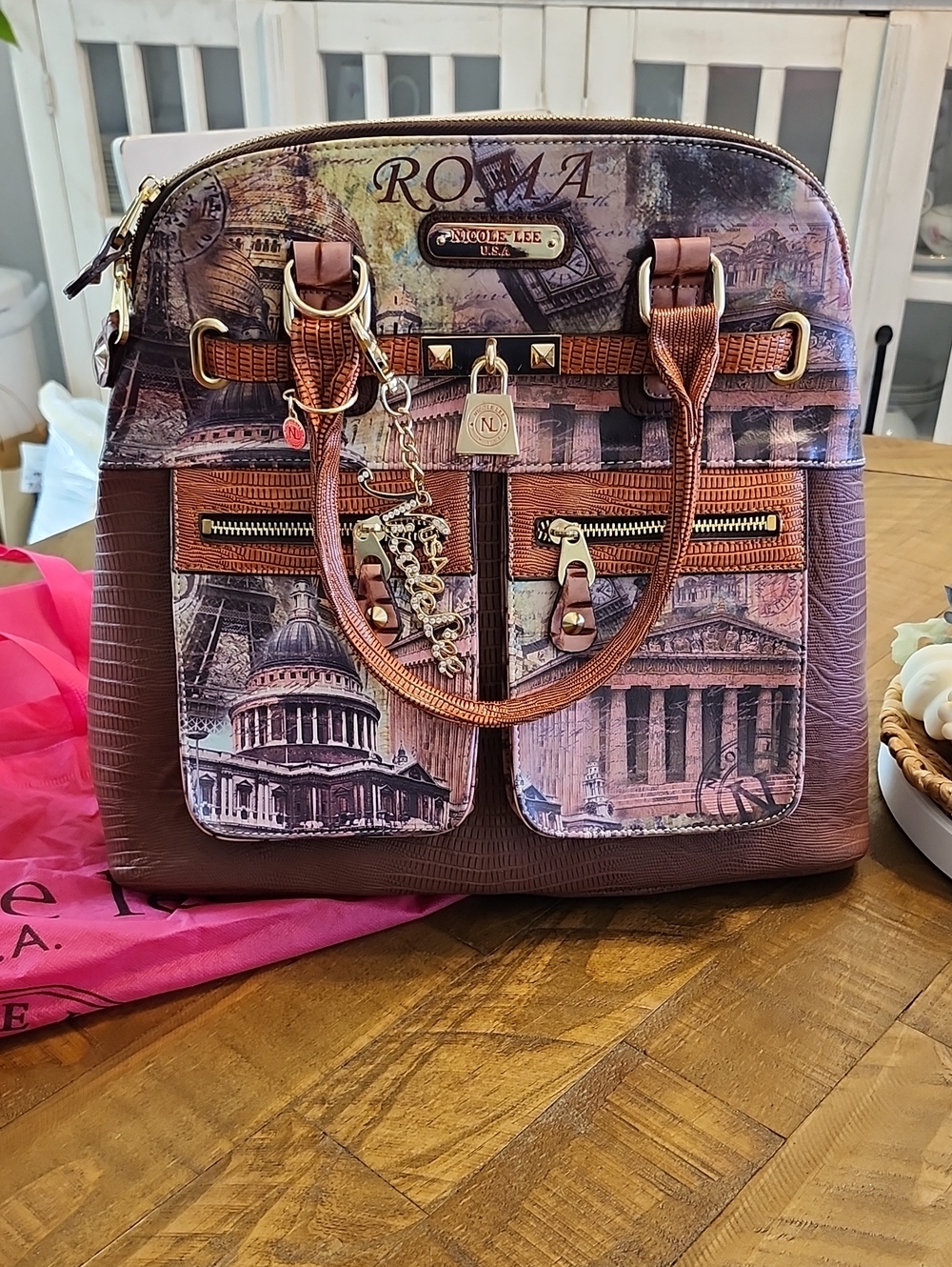 Nicole Lee Brown Roma Print Dome Satchel with Gold Hardware